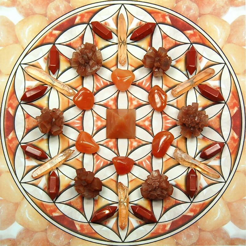 Sacral Chakra Grid with Red Jasper, Spudnik Aragonite, Carnelian, Tangerine Aura Quartz